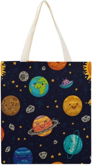 Astro Collection-Sun Mercury Venus Canvas Tote Bag with Handles Reusable Grocery Shopping Printed Beach Handbag for Daily Travel Work
