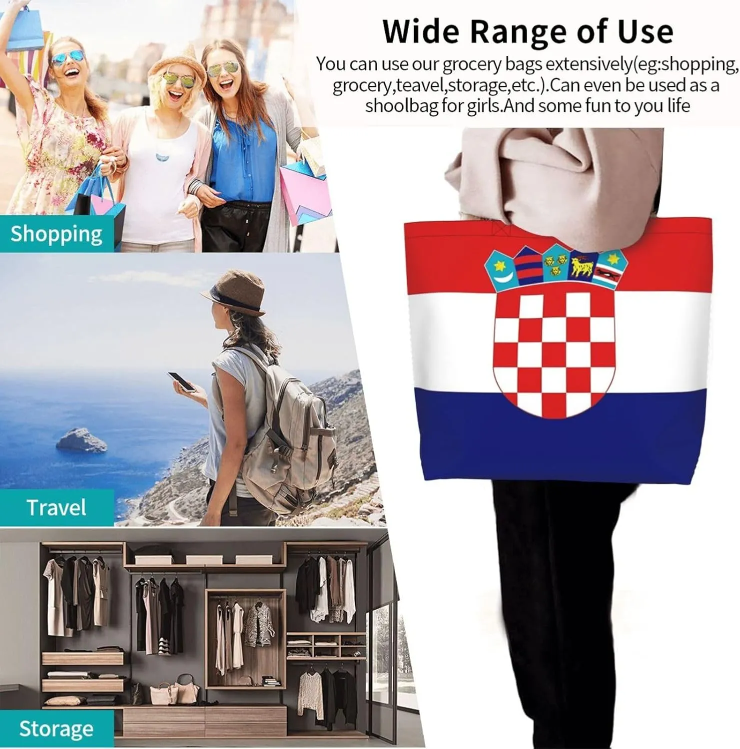 ASYG Cute Flag Tote Bag Large Women Casual Shoulder Bag Handbag Reusable Patriotic Shopping Grocery Bag