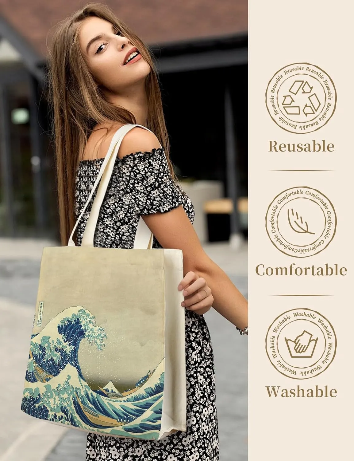 AUSVKAI Canvas Tote Bag Aesthetic for Women, Cute Reusable Bags with Pockets & Snaps for Beach Shopping College Gym Grocery