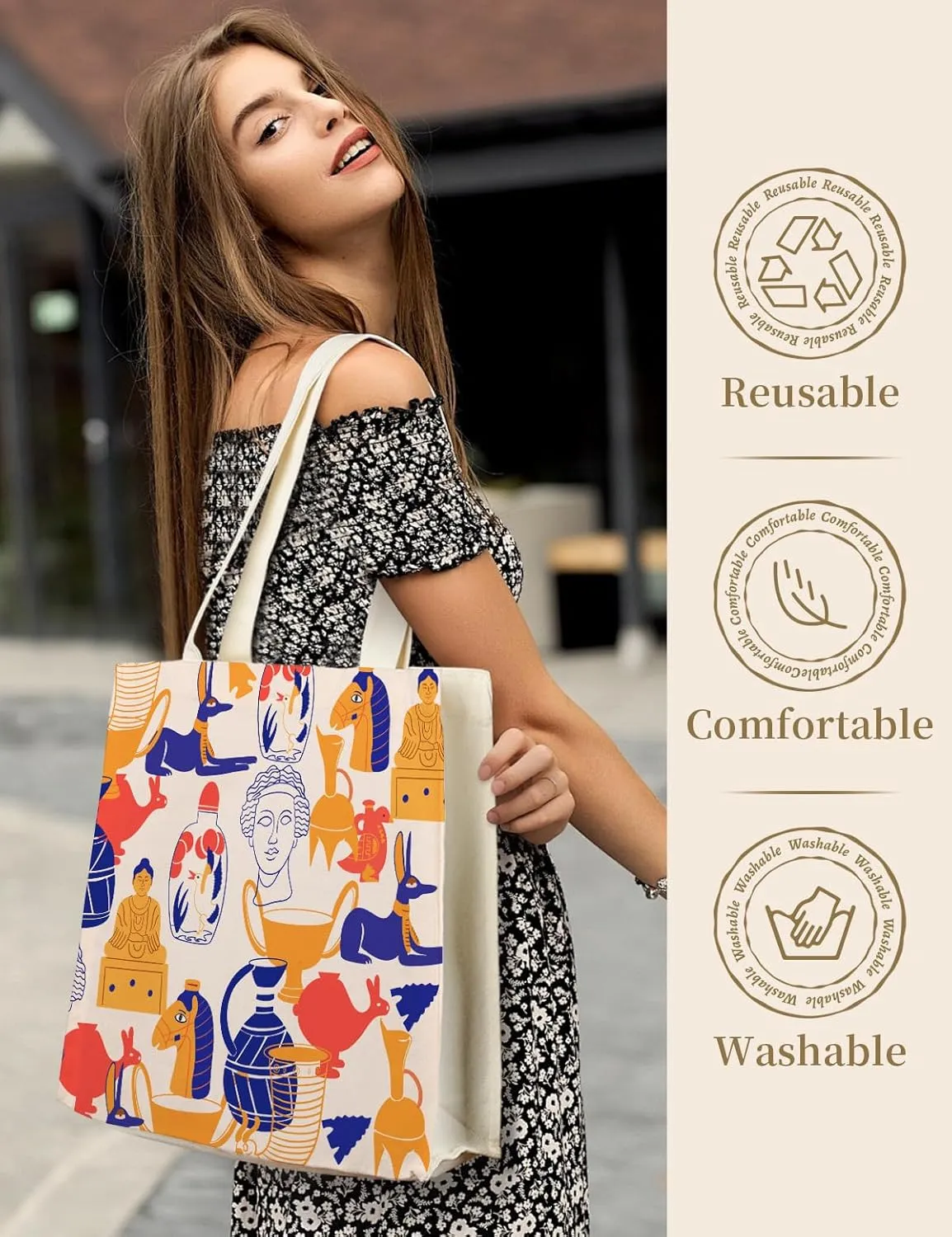 AUSVKAI Canvas Tote Bag Aesthetic for Women, Cute Reusable Bags with Pockets & Snaps for Beach Shopping College Gym Grocery