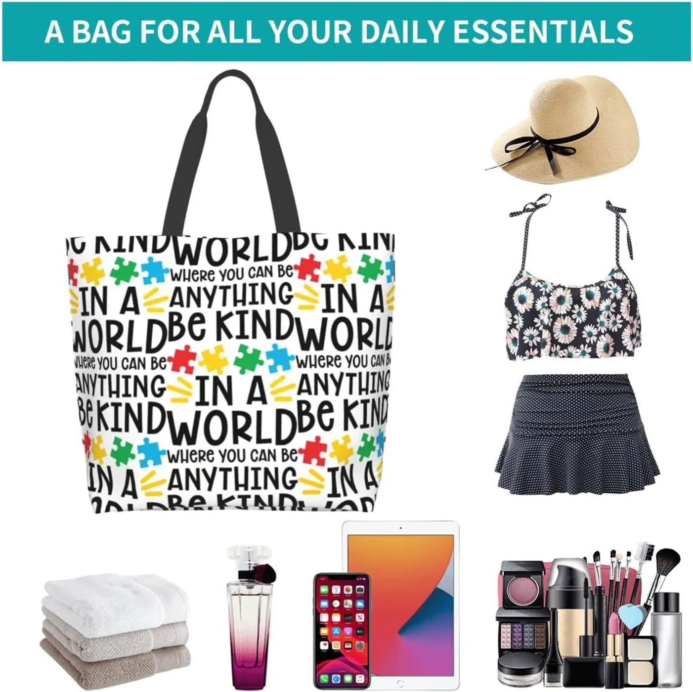 Autism Awareness Tote Bag Large Women Casual Autism Shoulder Bag Handbag Reusable Shopping Grocery Bags