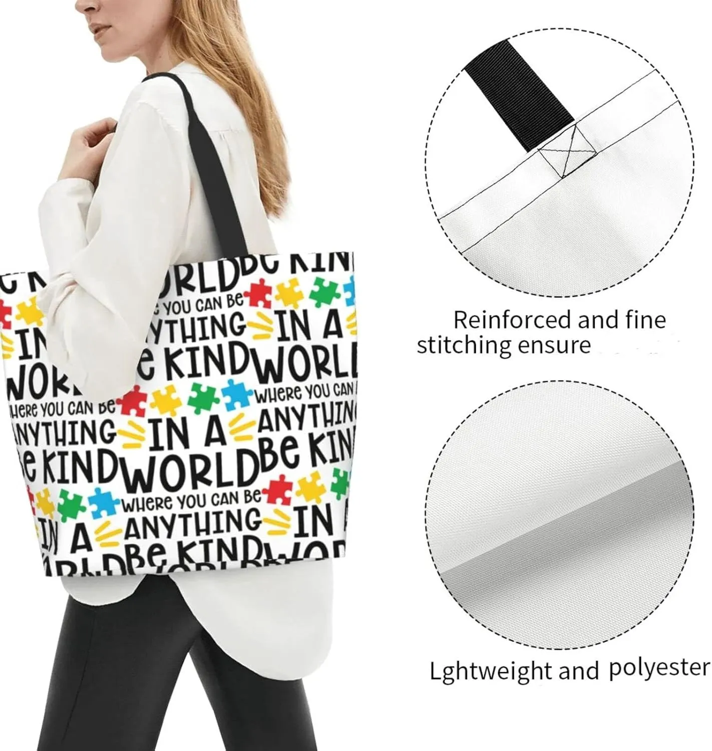 Autism Awareness Tote Bag Large Women Casual Autism Shoulder Bag Handbag Reusable Shopping Grocery Bags