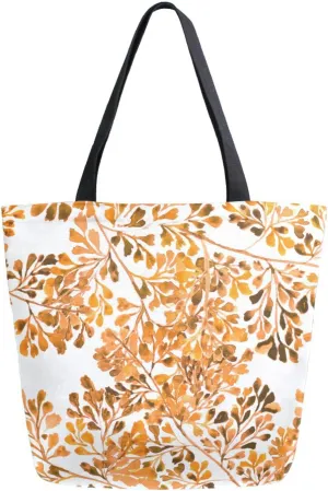 Autumn Fern Leaves Canvas Tote Bag Fall Yellow Marple Women Shoulder Bag Reusable Grocery Bags Large Handbag Travel Shopping Bag for School Nursing Gift Outdoors