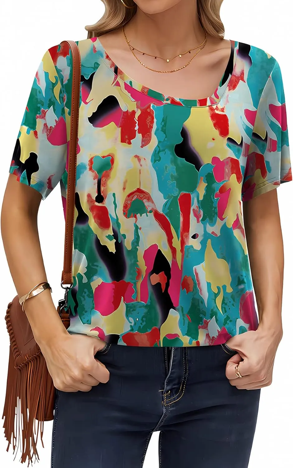 AYIFU Womens Summer Tops Short Sleeve Casual Shirts Asymmetric Neck Color Block Tunic
