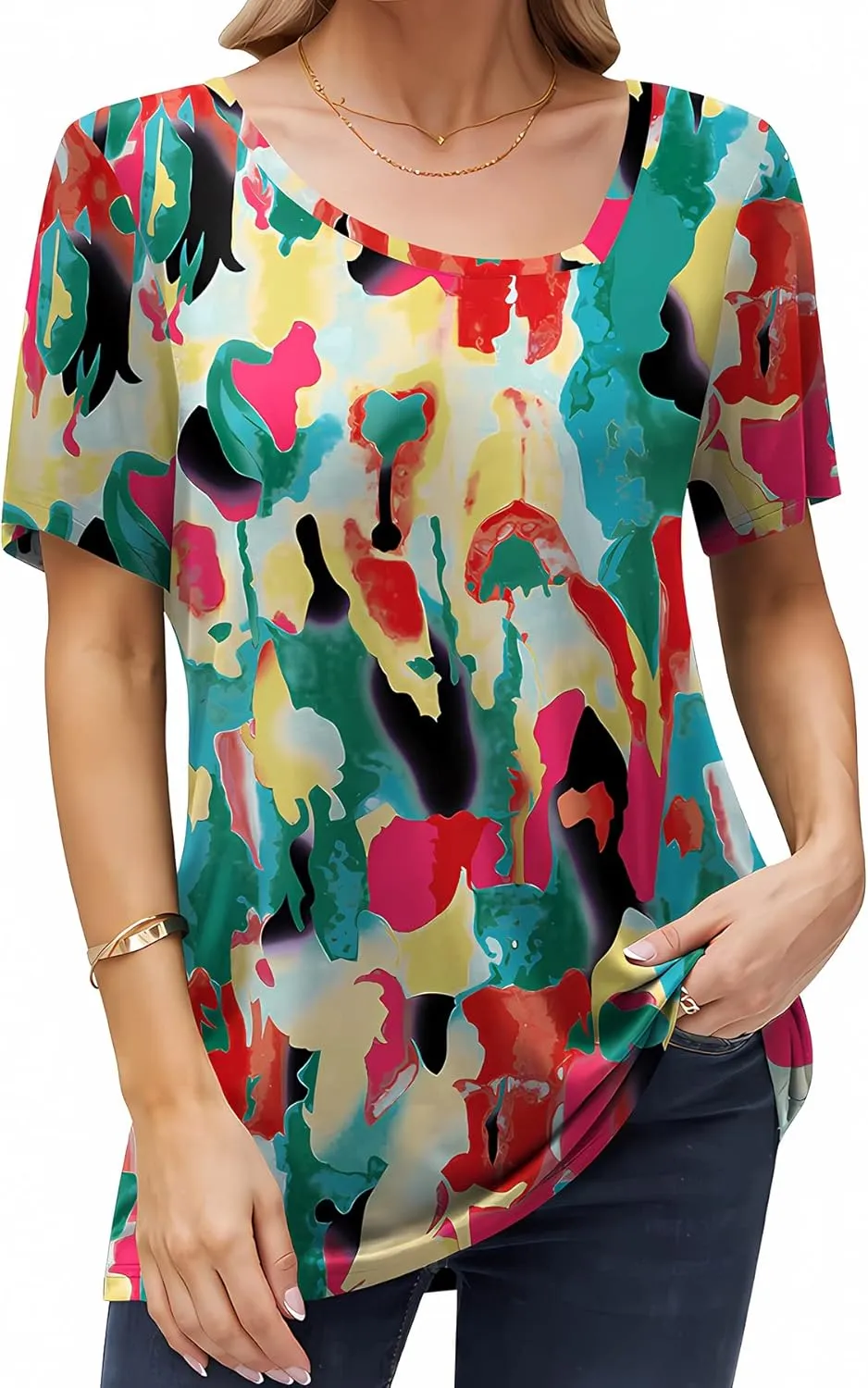AYIFU Womens Summer Tops Short Sleeve Casual Shirts Asymmetric Neck Color Block Tunic