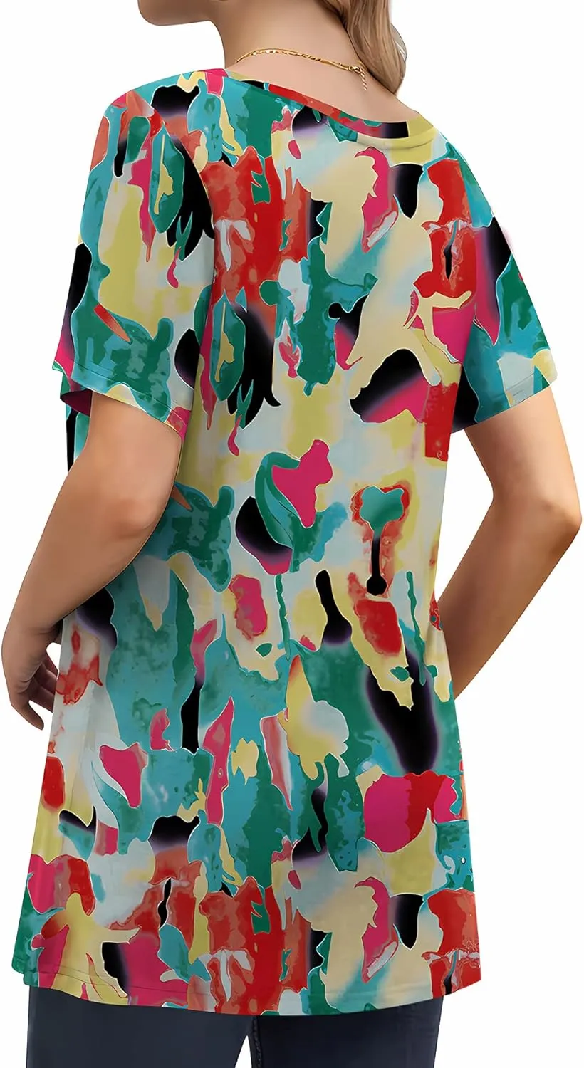 AYIFU Womens Summer Tops Short Sleeve Casual Shirts Asymmetric Neck Color Block Tunic