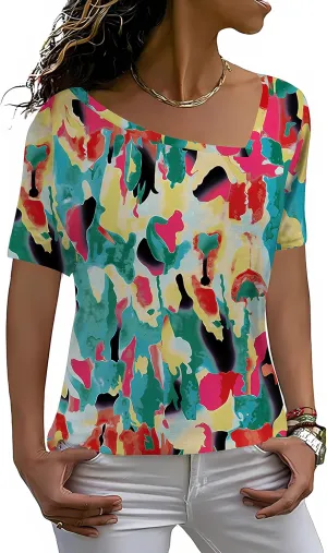 AYIFU Womens Summer Tops Short Sleeve Casual Shirts Asymmetric Neck Color Block Tunic