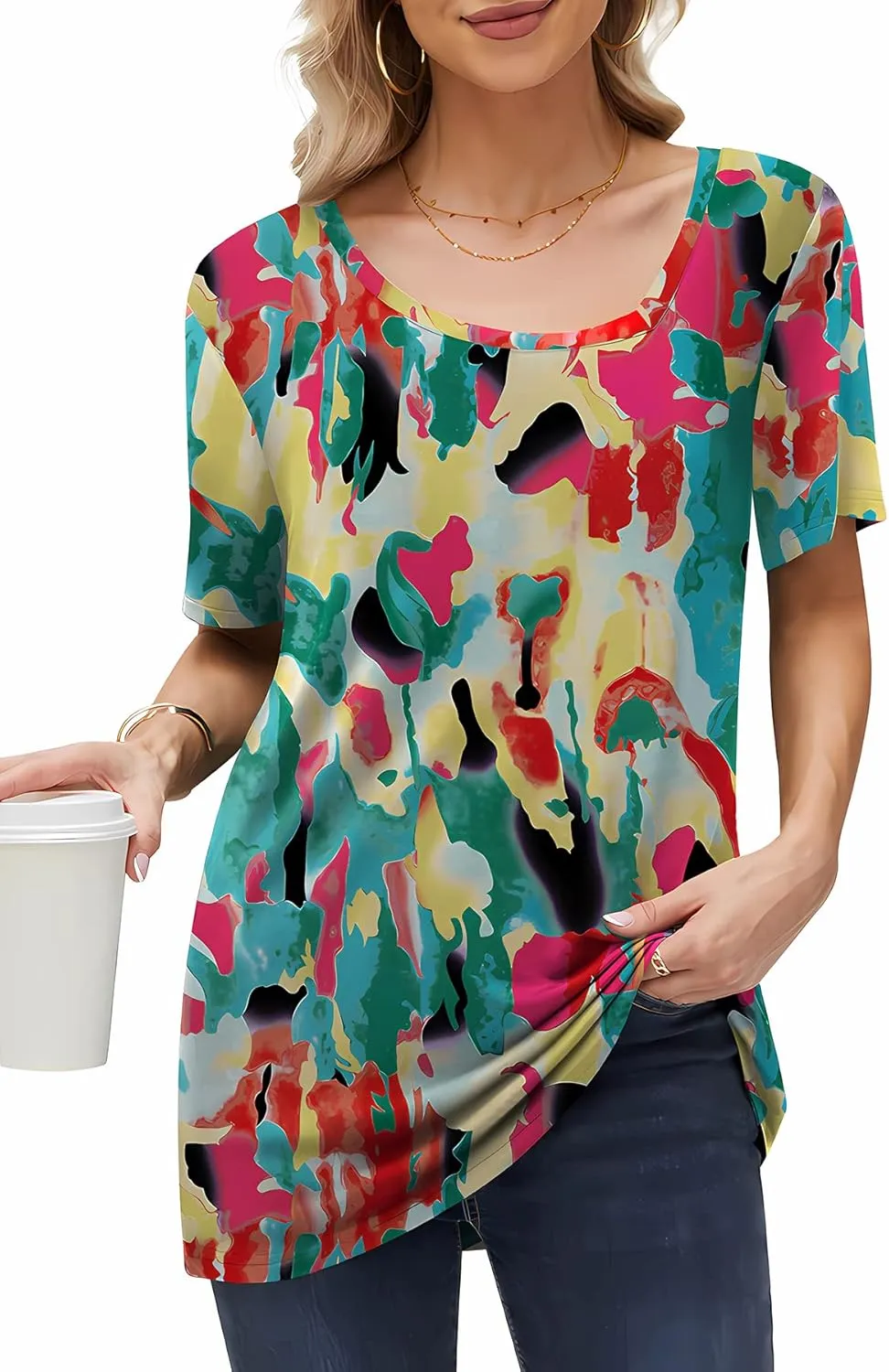 AYIFU Womens Summer Tops Short Sleeve Casual Shirts Asymmetric Neck Color Block Tunic
