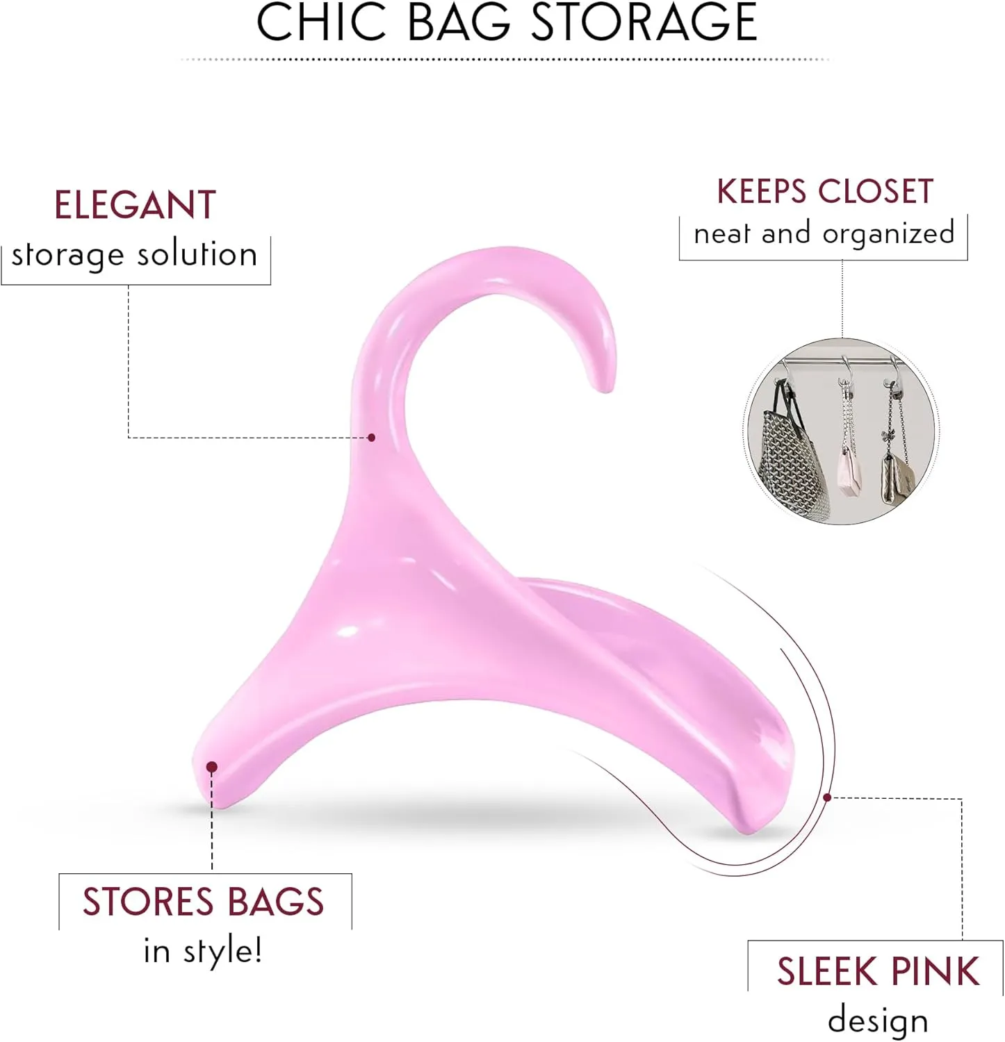 Bag-a-Vie Purse Hanger for Closet - Handbag Organizer Hooks for Hanging Bags & Purses, Protecting Bag Shape & Organizing Space (3 Hanger, Pink Plastic)