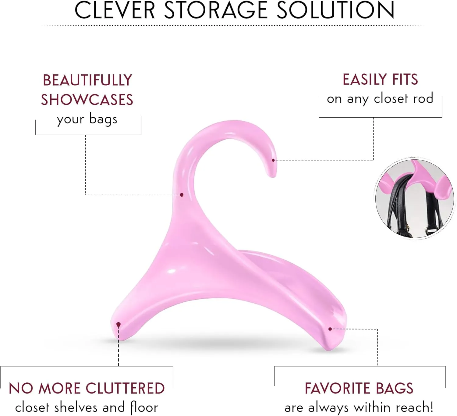 Bag-a-Vie Purse Hanger for Closet - Handbag Organizer Hooks for Hanging Bags & Purses, Protecting Bag Shape & Organizing Space (3 Hanger, Pink Plastic)