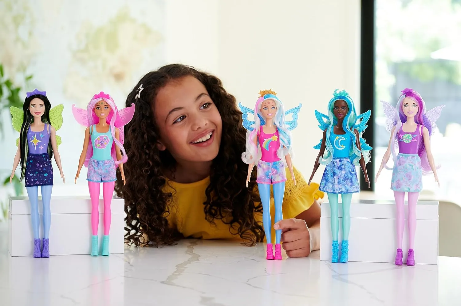 Barbie Color Reveal Doll, Rainbow Galaxy, Celestial Sparkle with 6 Surprises Including Wings & Color Change (Styles May Vary)