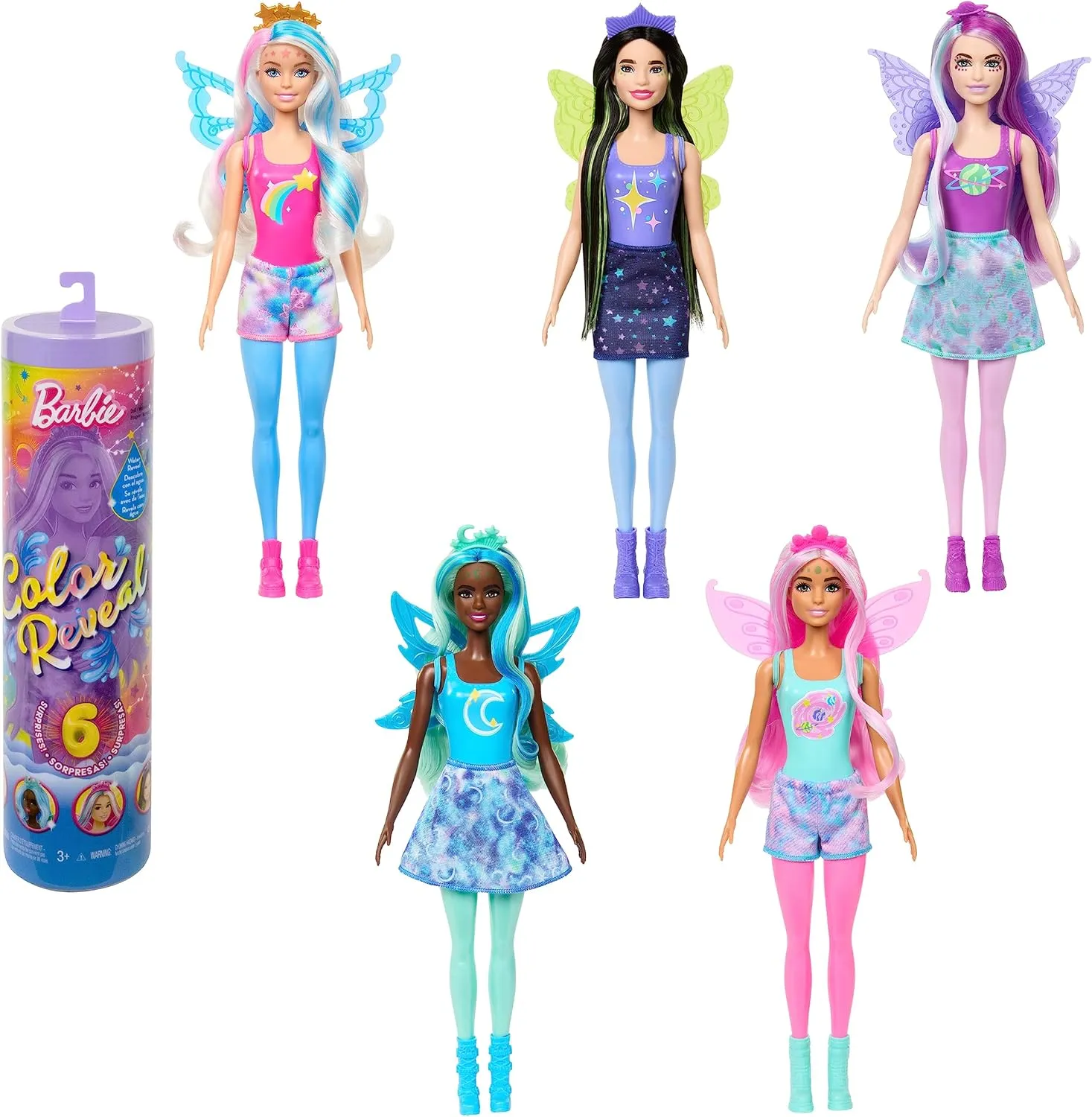 Barbie Color Reveal Doll, Rainbow Galaxy, Celestial Sparkle with 6 Surprises Including Wings & Color Change (Styles May Vary)