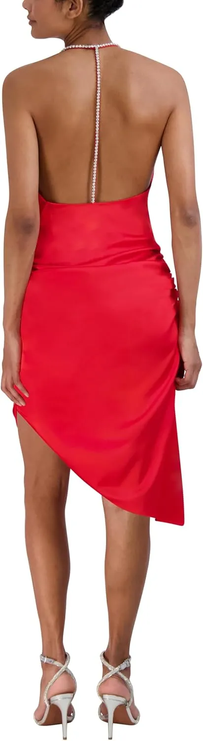 BCBGMAXAZRIA Women's Sleeveless Asymmetrical Halter Neck Midi Dress