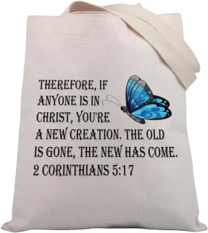 BDPWSS Christian Tote Bag 2 Corinthians 5 17 Gift New Creation Scripture Gift Bible Verse Jesus Butterfly Inspirational Gift