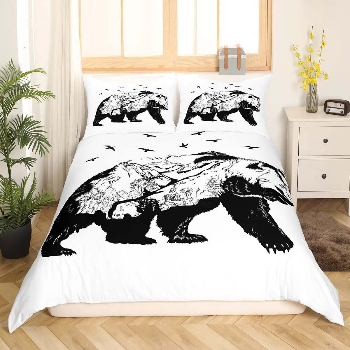 Bear Bedding Set Animal Bear Duvet Cover Wildlife Theme Comforter Cover Mammal Silhouette with Mountain Landscape Flying Bird and Tree Design Modern Decor Bedding for All Season, Full,Black White
