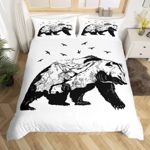 Bear Bedding Set Animal Bear Duvet Cover Wildlife Theme Comforter Cover Mammal Silhouette with Mountain Landscape Flying Bird and Tree Design Modern Decor Bedding for All Season, Full,Black White