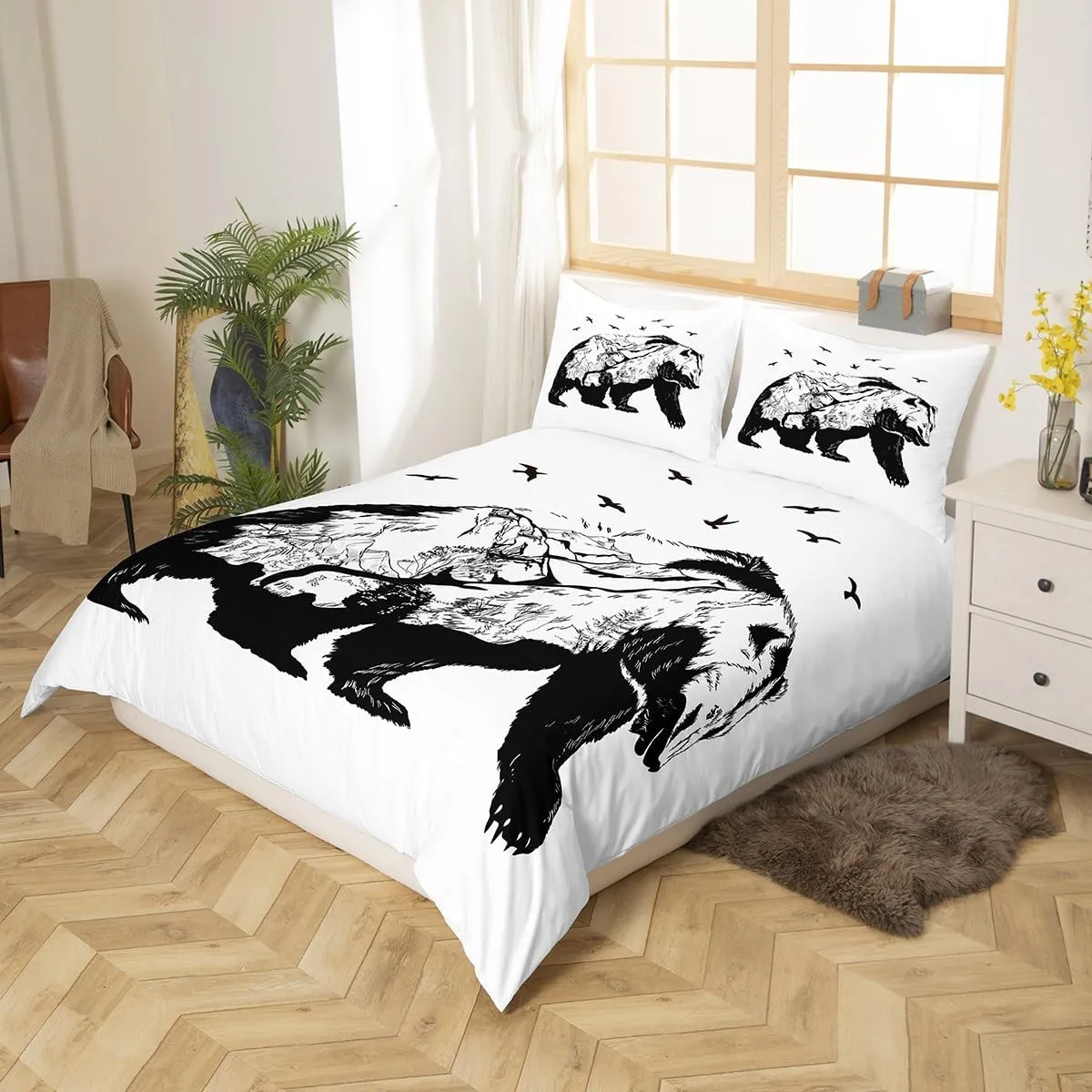 Bear Bedding Set Animal Bear Duvet Cover Wildlife Theme Comforter Cover Mammal Silhouette with Mountain Landscape Flying Bird and Tree Design Modern Decor Bedding for All Season, Full,Black White