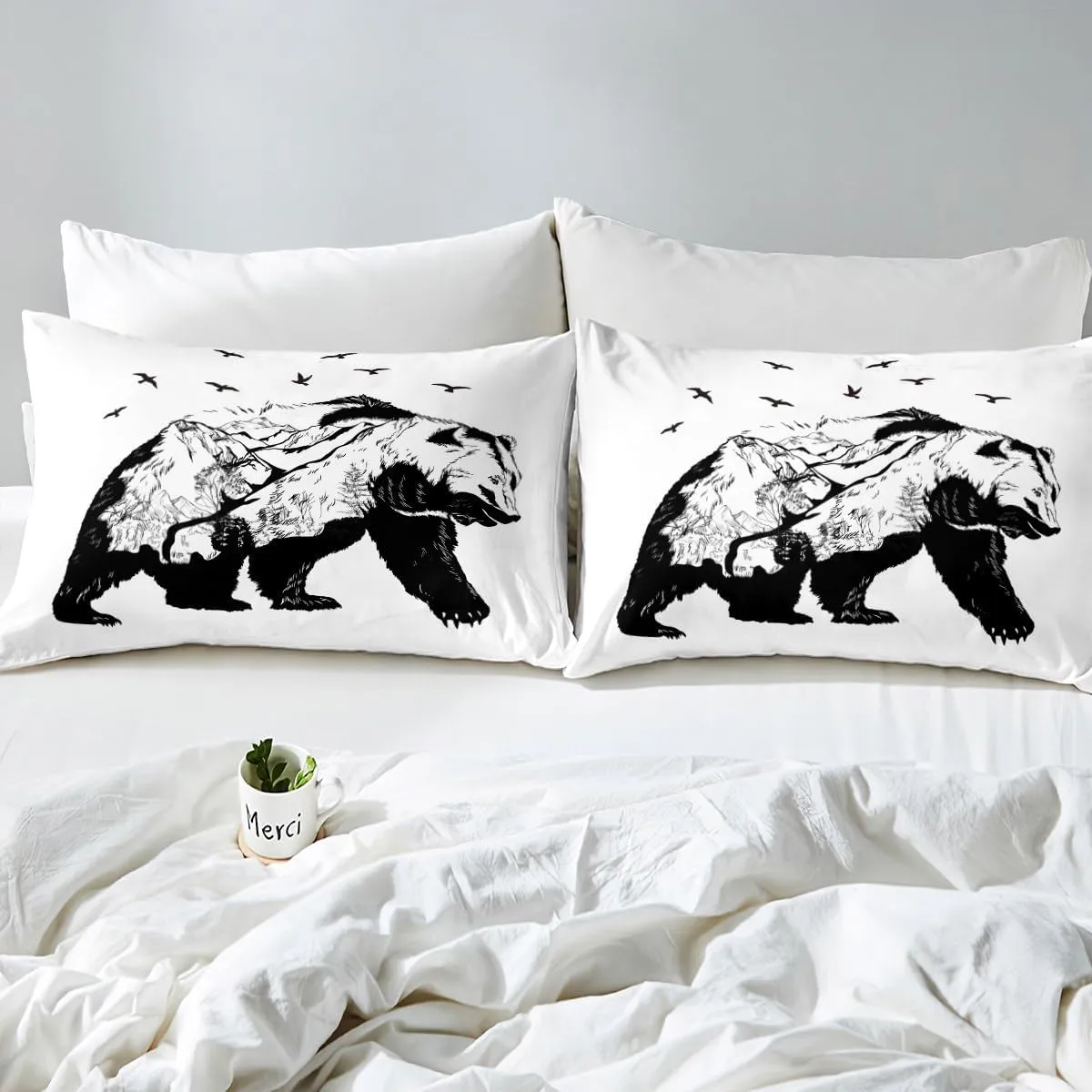 Bear Bedding Set Animal Bear Duvet Cover Wildlife Theme Comforter Cover Mammal Silhouette with Mountain Landscape Flying Bird and Tree Design Modern Decor Bedding for All Season, Full,Black White