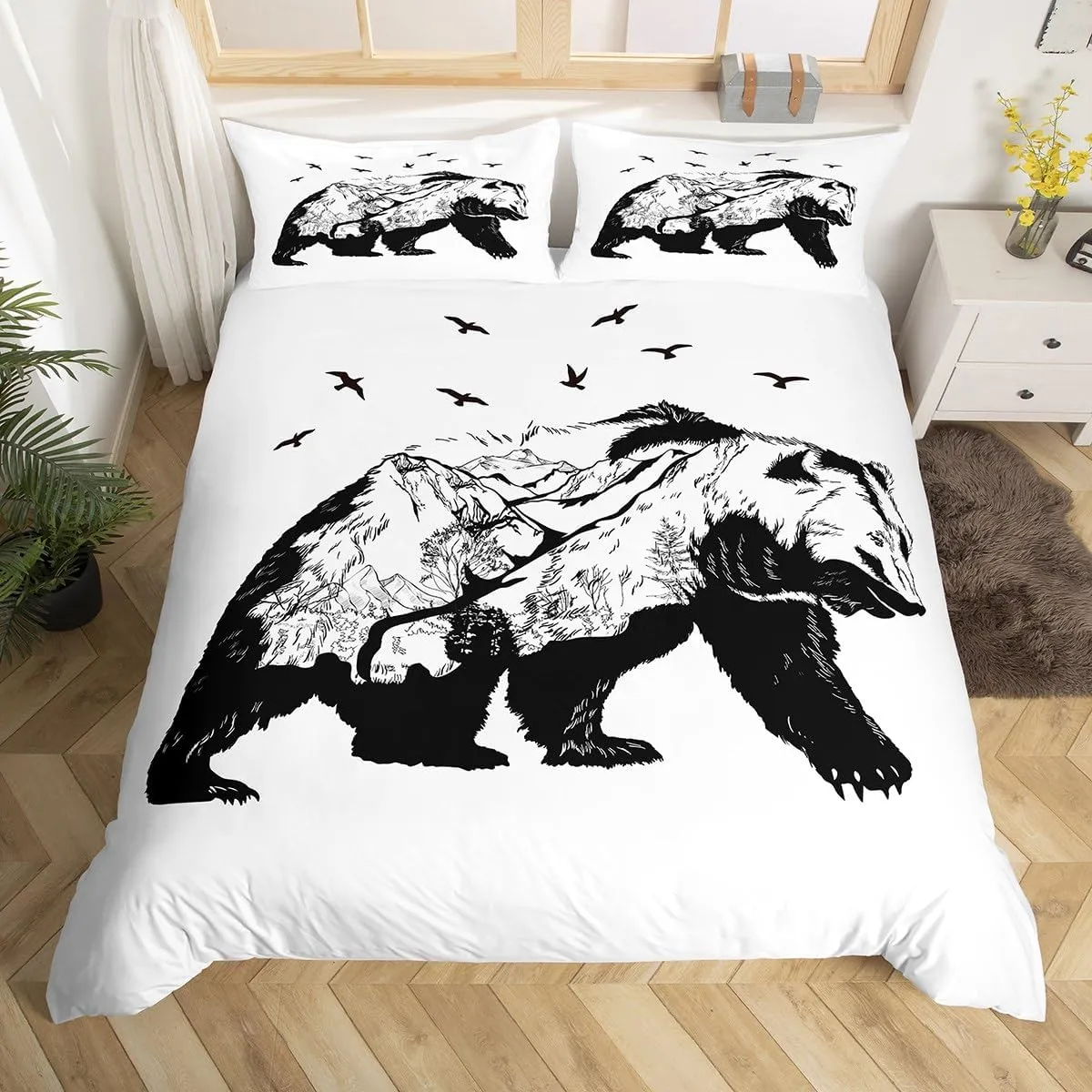 Bear Bedding Set Animal Bear Duvet Cover Wildlife Theme Comforter Cover Mammal Silhouette with Mountain Landscape Flying Bird and Tree Design Modern Decor Bedding for All Season, Full,Black White