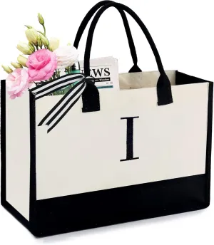 BeeGreen Birthday Gifts For Women 13oz Canvas Tote Bag with Pocket Initial Gifts For Sister Mom Friends Teacher