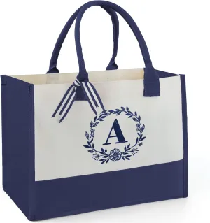 BeeGreen Gift Basket Monogram Initial Canvas Tote Bag with Pocket Embroidery Personalized Tote for Mom Teacher Friend
