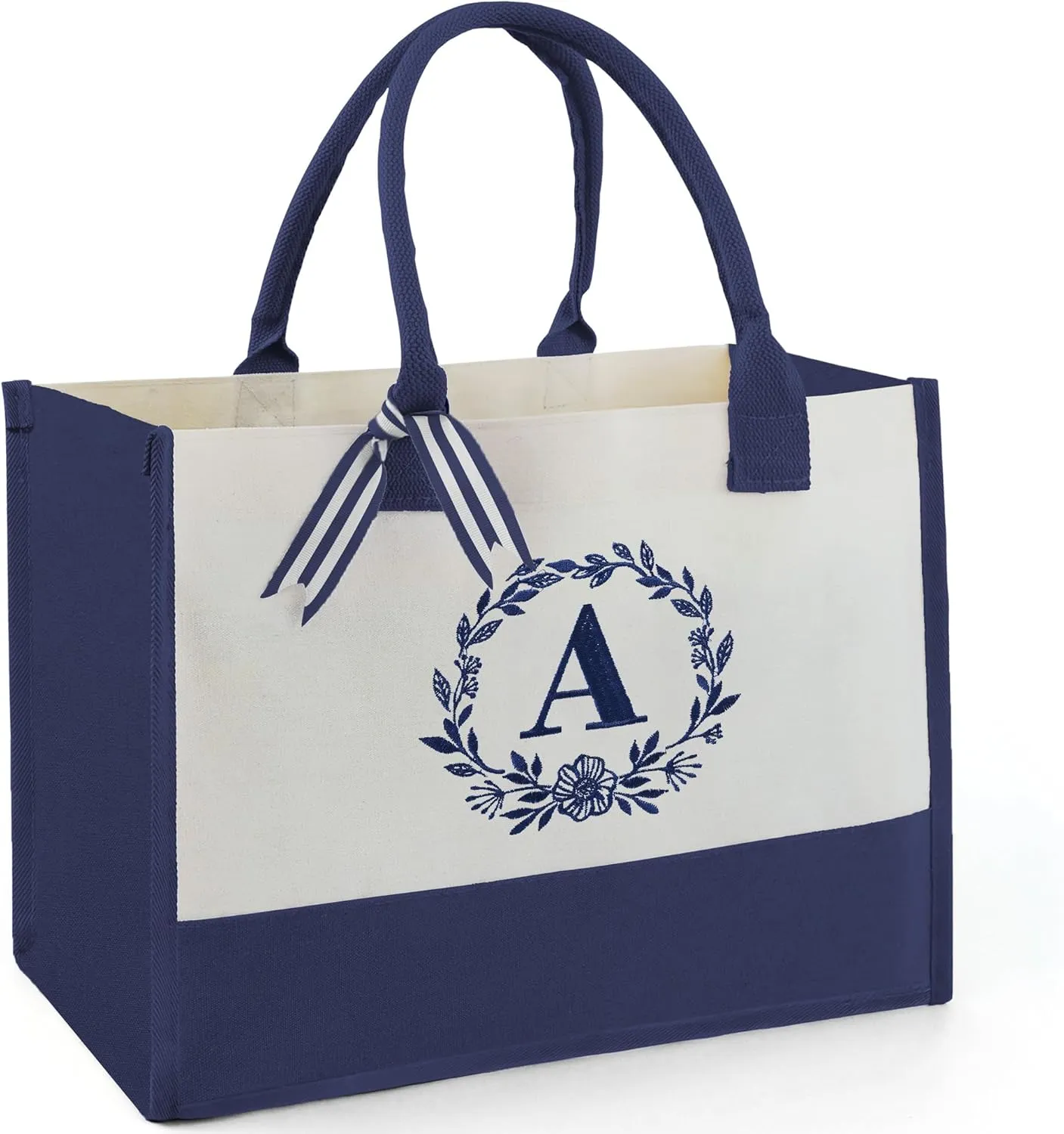 BeeGreen Gift Basket Monogram Initial Canvas Tote Bag with Pocket Embroidery Personalized Tote for Mom Teacher Friend
