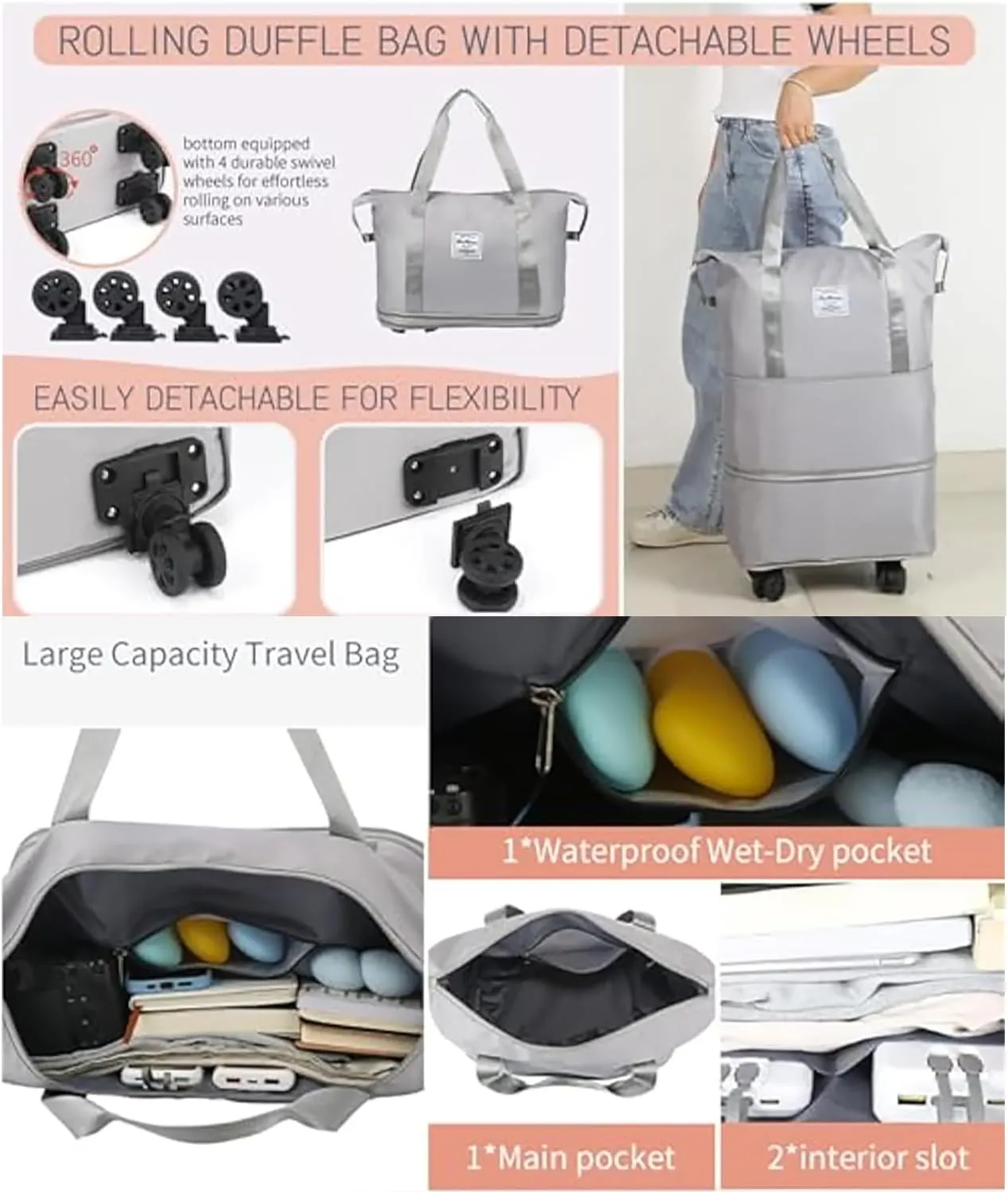 Beente Travel Bag with Wheels, 2025 New Large Capacity Travel Bag - Universal Wheel Removable, Kulken Tote Luggage (D.Blue)