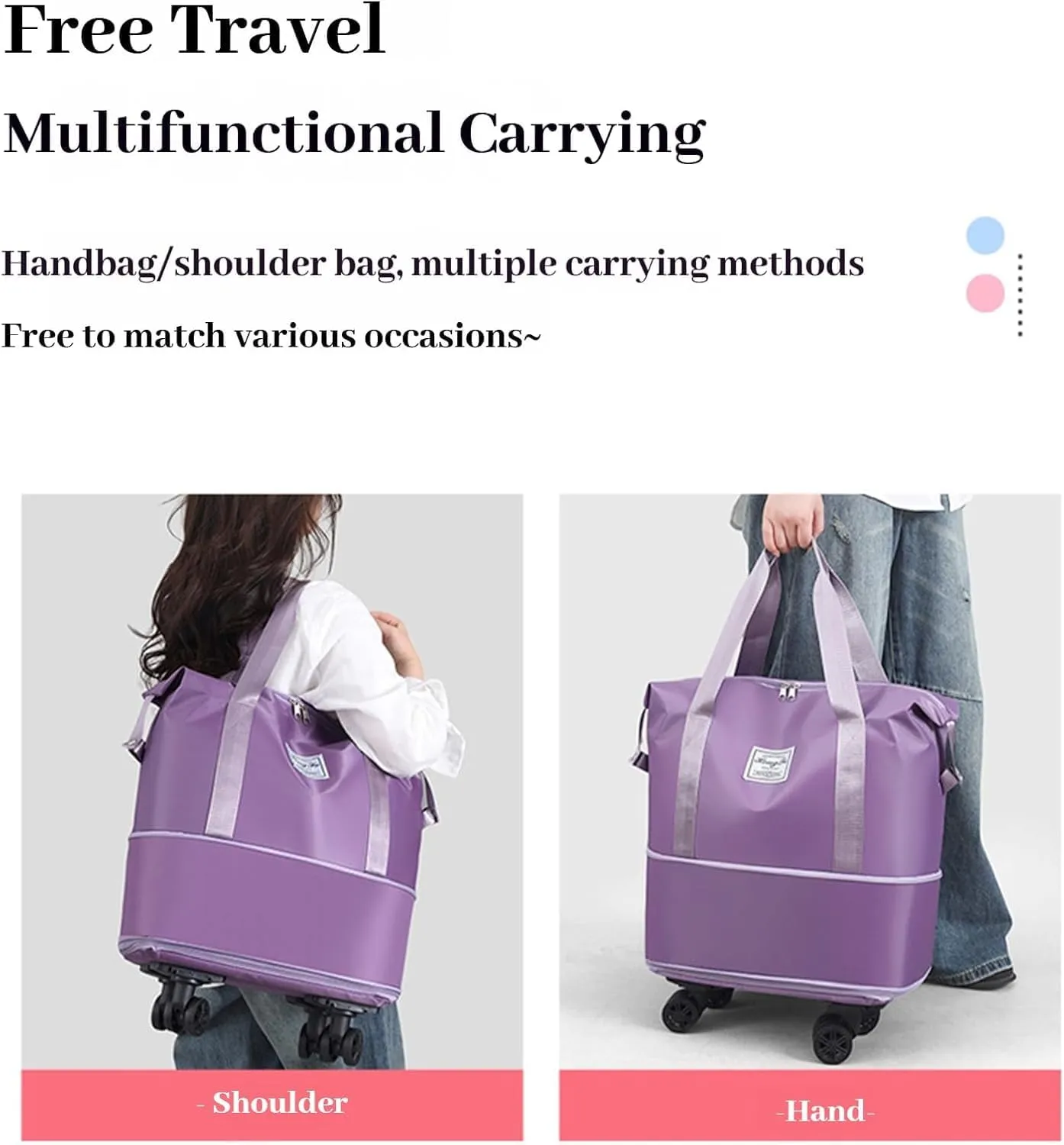 Beente Travel Bag with Wheels, Foldie Travel Bag Expandable, 2025 New Large Capacity Traveling Bags - Universal Wheel Removable, Weekend Carry on Luggage Bags (Dark Purple)