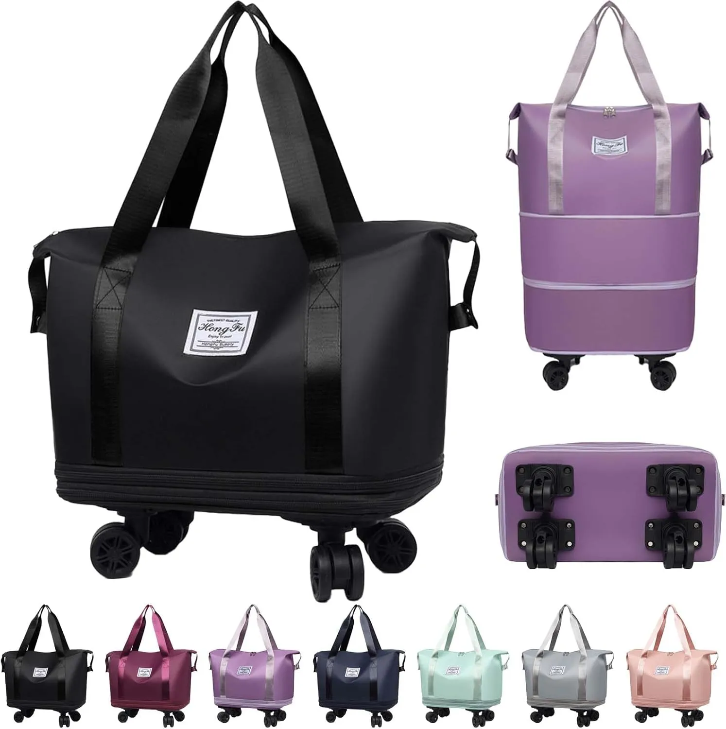 Beente Travel Bag with Wheels, Large Capacity Travel Bag, Universal Wheel Removable, Expandable Foldable Duffle Bag, Rolling with Wheels (Black)