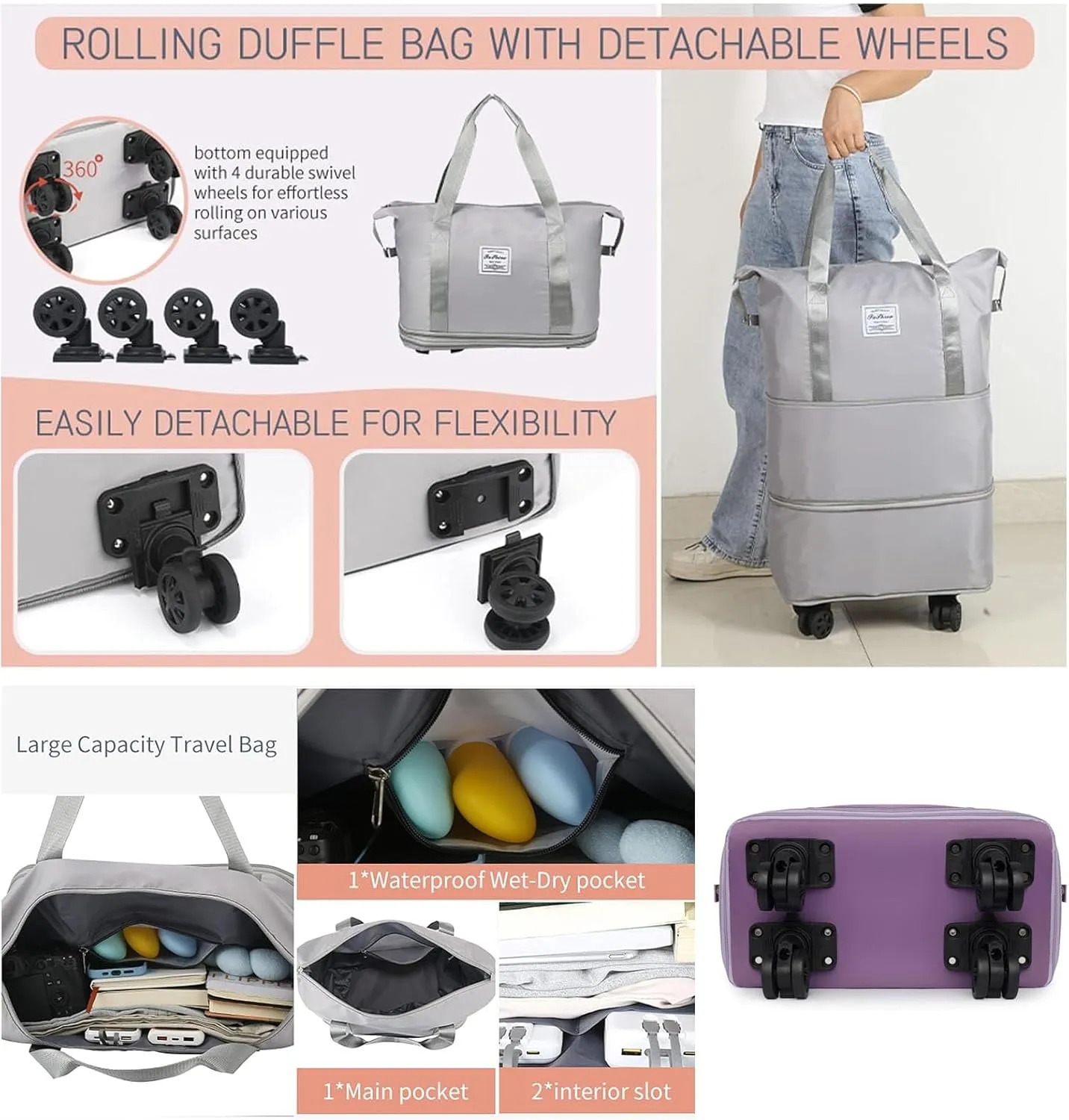 Beente Travel Bag With Wheels,2025 New Large Capacity Travel Bag,Universal Wheel Removable,Kulken Tote Luggage (gray)