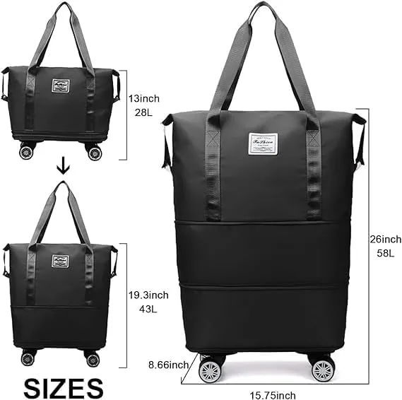 Beente Travel Bag With Wheels,2025 New Upgrade Large Capacity Travel Bag,Universal Wheel Removable, Expandable Foldable, Weekend Bag for Travel (Black)