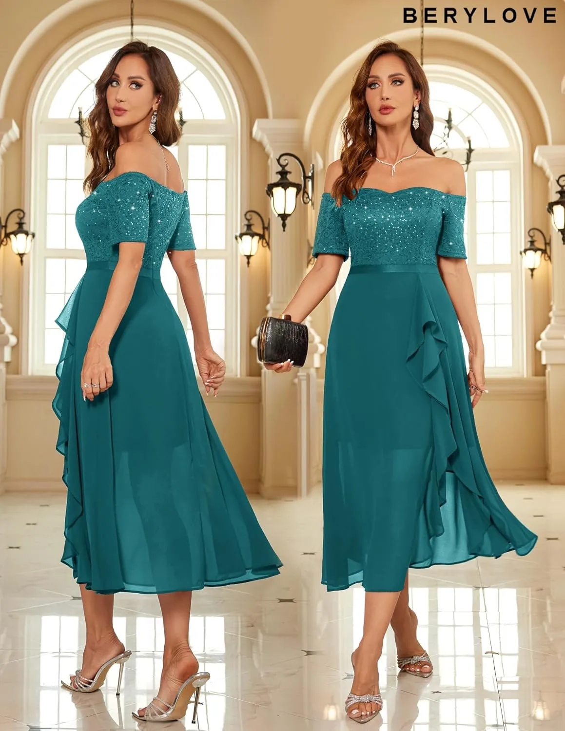 BeryLove Women Sequin Formal Party Dress Off Shoulder Wedding Cocktail Midi Evening Dress