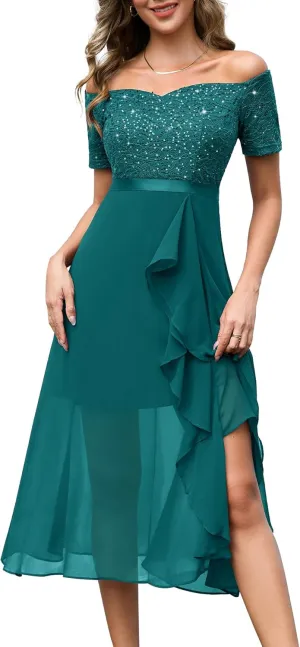 BeryLove Women Sequin Formal Party Dress Off Shoulder Wedding Cocktail Midi Evening Dress