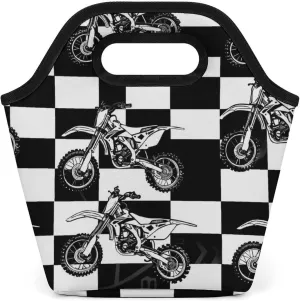 Black And White Plaid Dirt Bikes Reusable Grocery Bags Portable Lightweight Waterproof Shopping Tote Bag