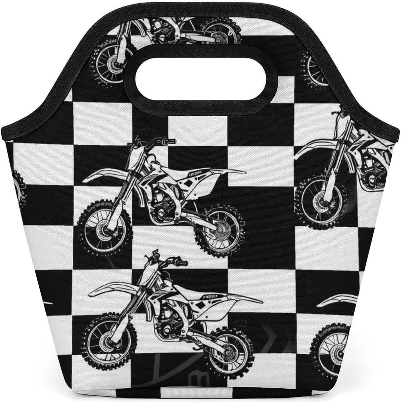 Black And White Plaid Dirt Bikes Reusable Grocery Bags Portable Lightweight Waterproof Shopping Tote Bag
