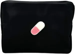 BLOC Bags Travel Makeup Bag, Cosmetic Bags for Women, Large Cute Toiletry Bag, XL Make up Bag, Medium Beauty Bag with Chenille Patch, Inside Zipper Pouch and Mesh Pockets (Pill, Black)