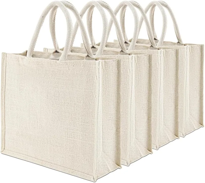 BolBom’s Tote Bags, 4 Pack Large Burlap Jute Eco-friendly Reusable Bag with Handles Blank Tote Bulk for Grocery Shopping