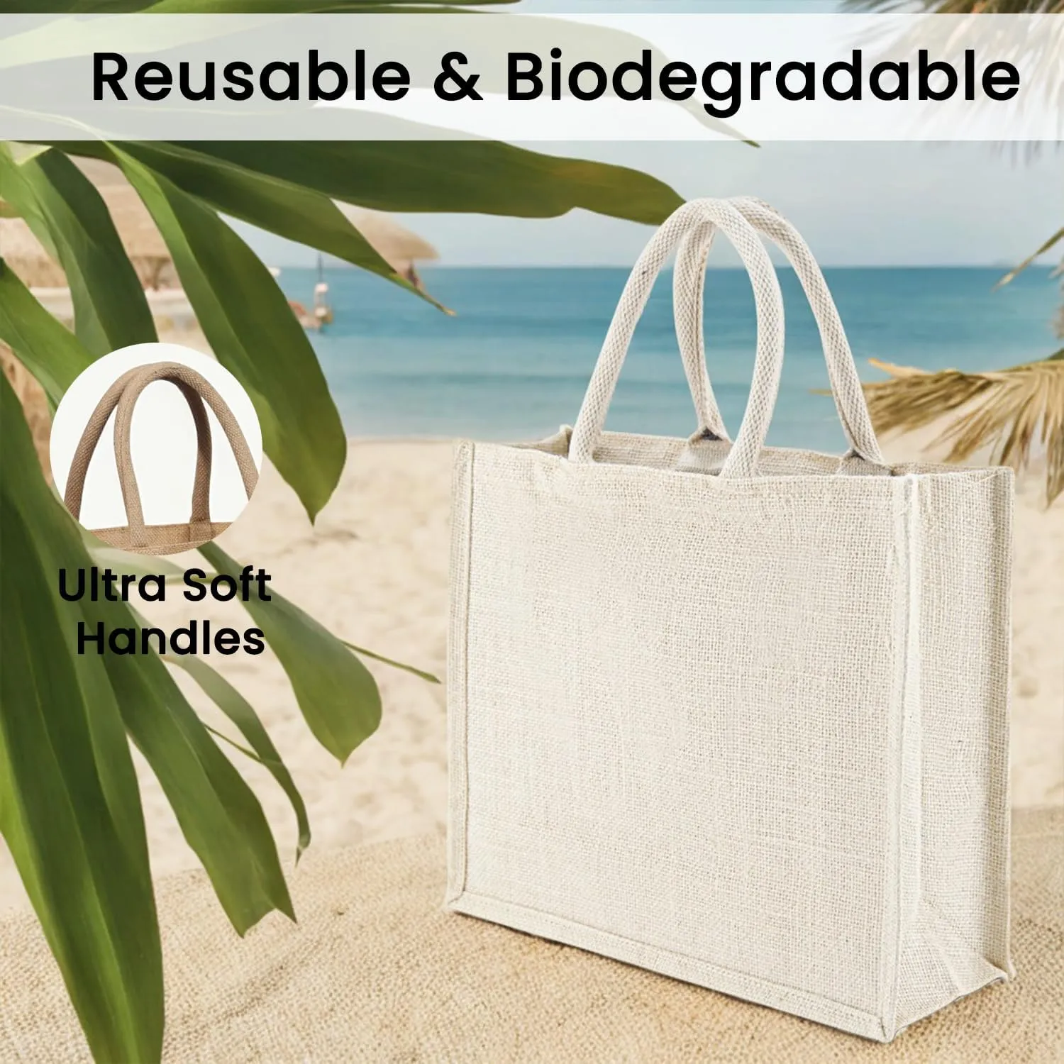 BolBom’s Tote Bags, 4 Pack Large Burlap Jute Eco-friendly Reusable Bag with Handles Blank Tote Bulk for Grocery Shopping