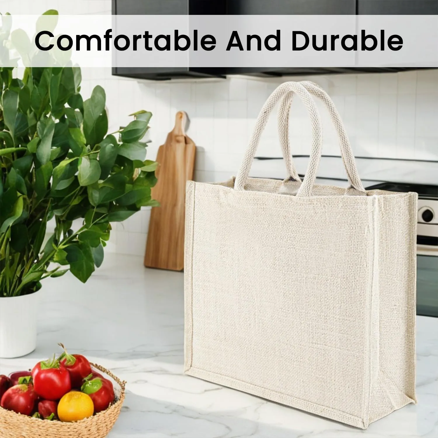 BolBom’s Tote Bags, 4 Pack Large Burlap Jute Eco-friendly Reusable Bag with Handles Blank Tote Bulk for Grocery Shopping