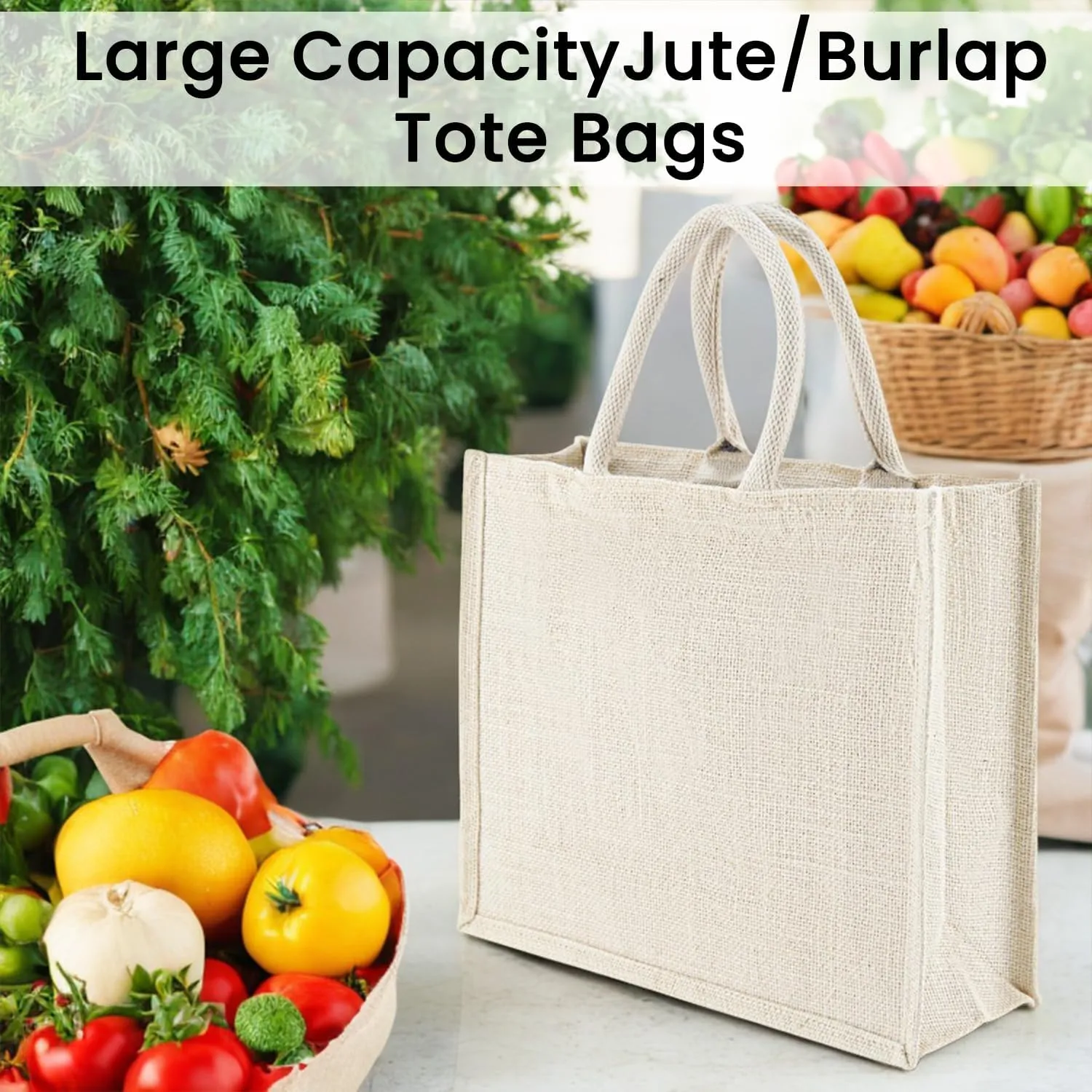 BolBom’s Tote Bags, 4 Pack Large Burlap Jute Eco-friendly Reusable Bag with Handles Blank Tote Bulk for Grocery Shopping