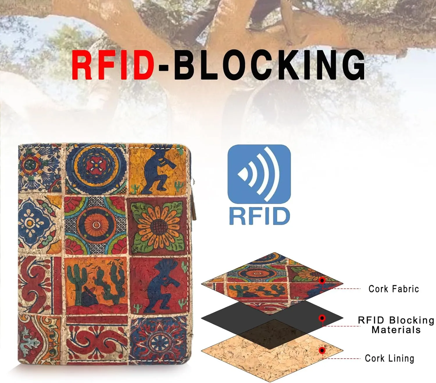boshiho Eco Cork Friendly RFID Blocking Wallet Bi-fold Card Holder Vertical Wallet With Zippered Coin Purse & ID Window