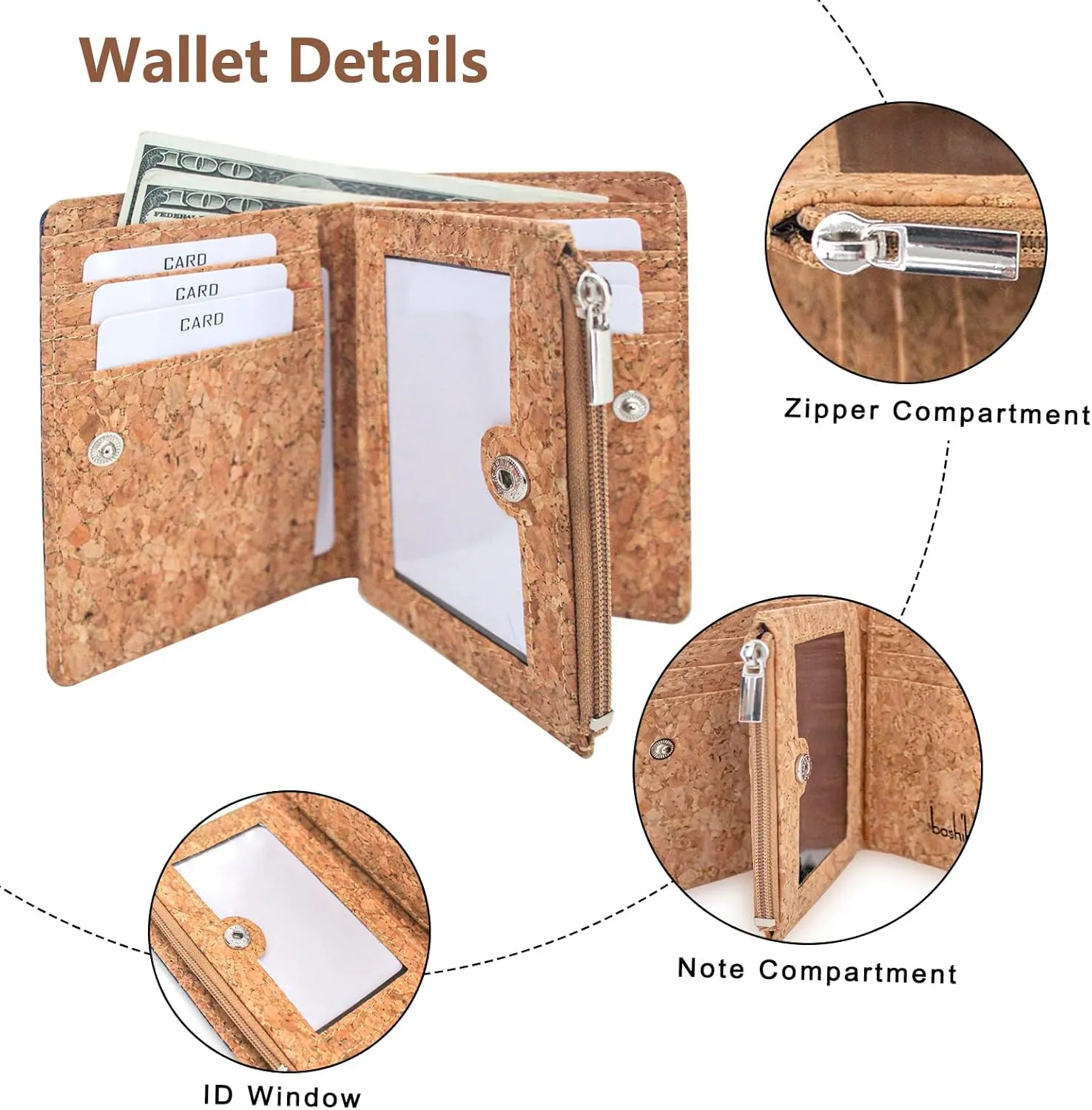 boshiho Eco Cork Friendly RFID Blocking Wallet Bi-fold Card Holder Vertical Wallet With Zippered Coin Purse & ID Window