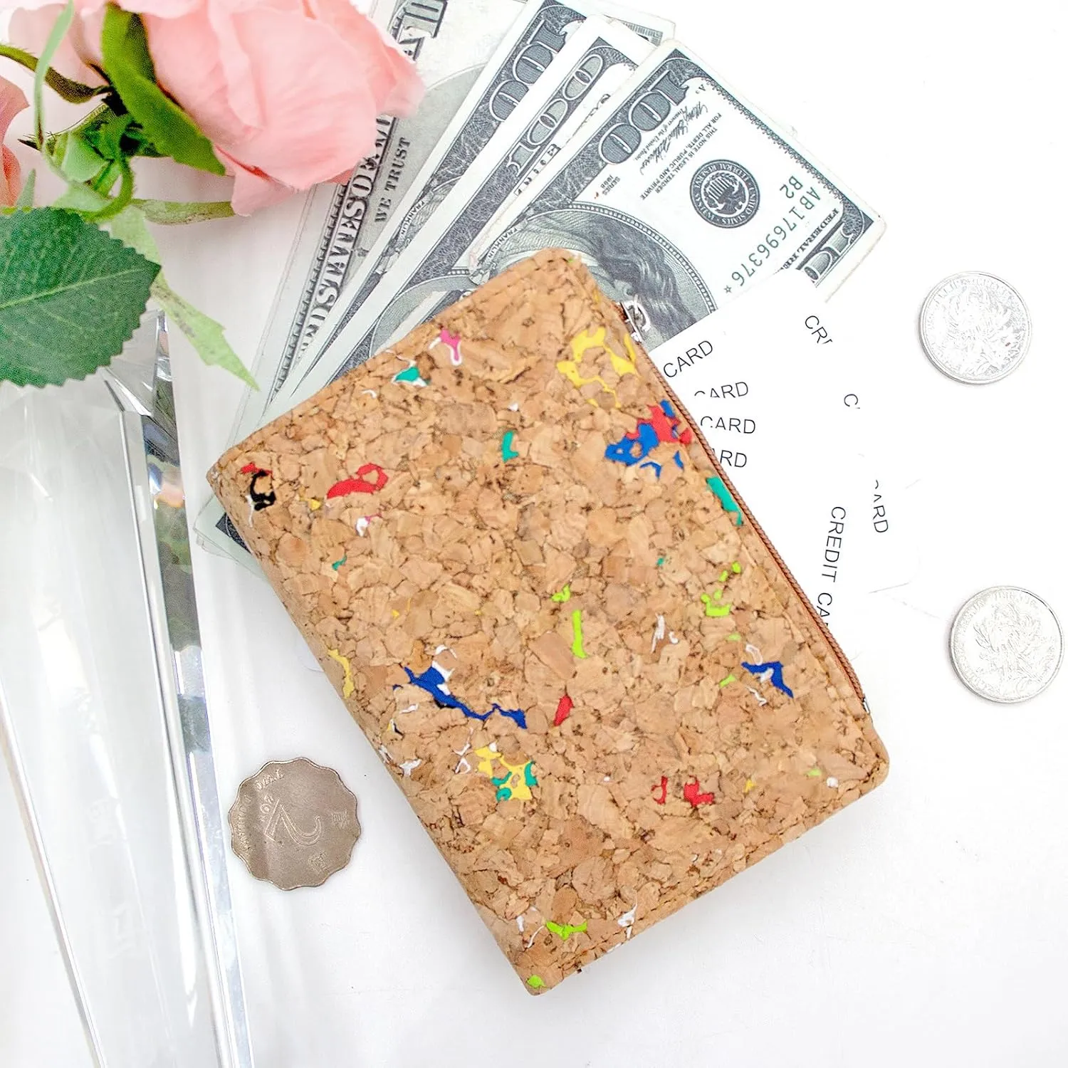 boshiho Eco Cork Friendly RFID Blocking Wallet Bi-fold Card Holder Vertical Wallet With Zippered Coin Purse & ID Window
