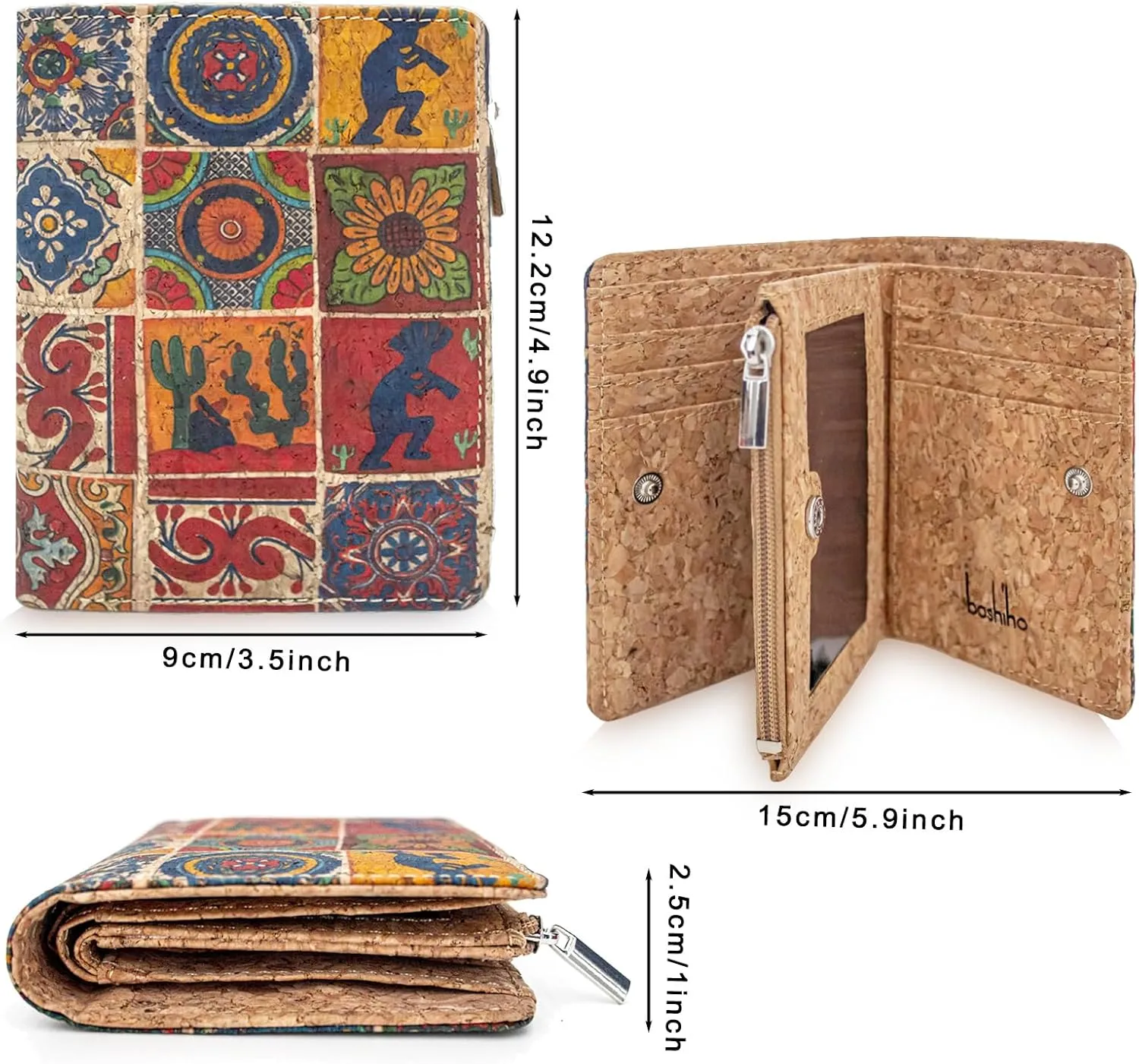boshiho Eco Cork Friendly RFID Blocking Wallet Bi-fold Card Holder Vertical Wallet With Zippered Coin Purse & ID Window