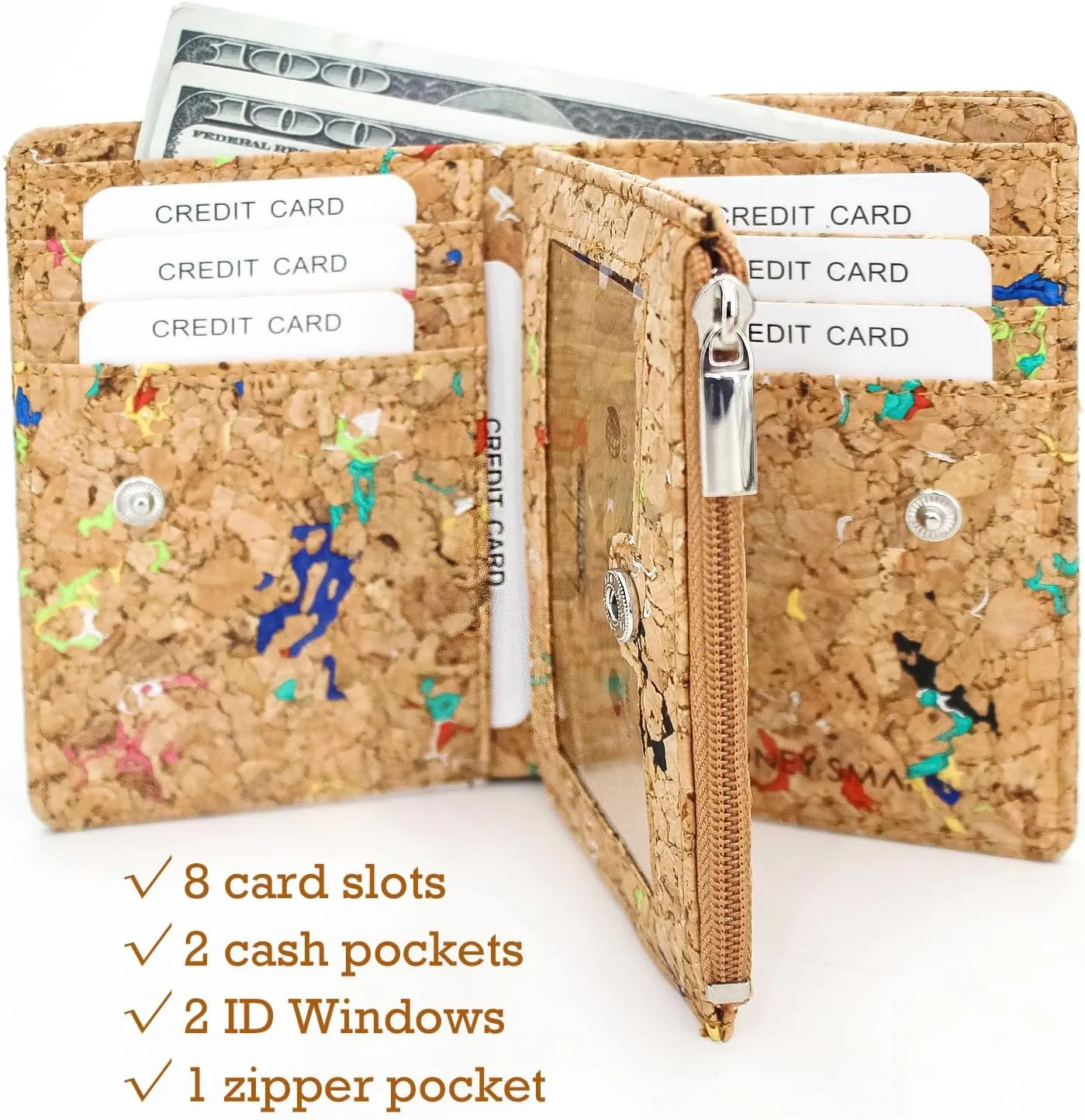 boshiho Eco Cork Friendly RFID Blocking Wallet Bi-fold Card Holder Vertical Wallet With Zippered Coin Purse & ID Window