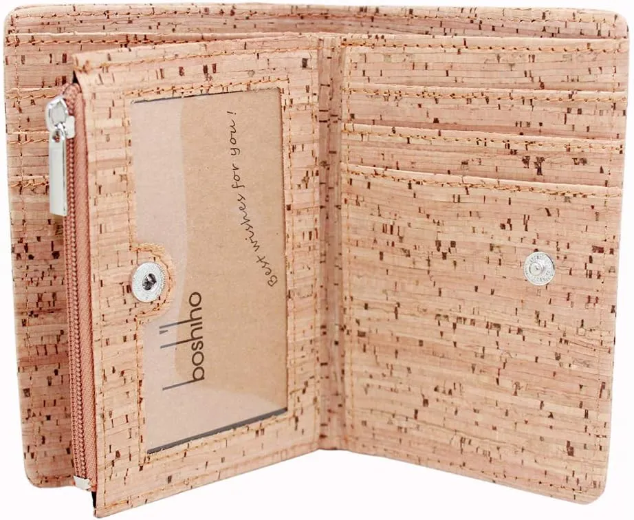 boshiho Eco Cork Friendly RFID Blocking Wallet Bi-fold Card Holder Vertical Wallet With Zippered Coin Purse & ID Window