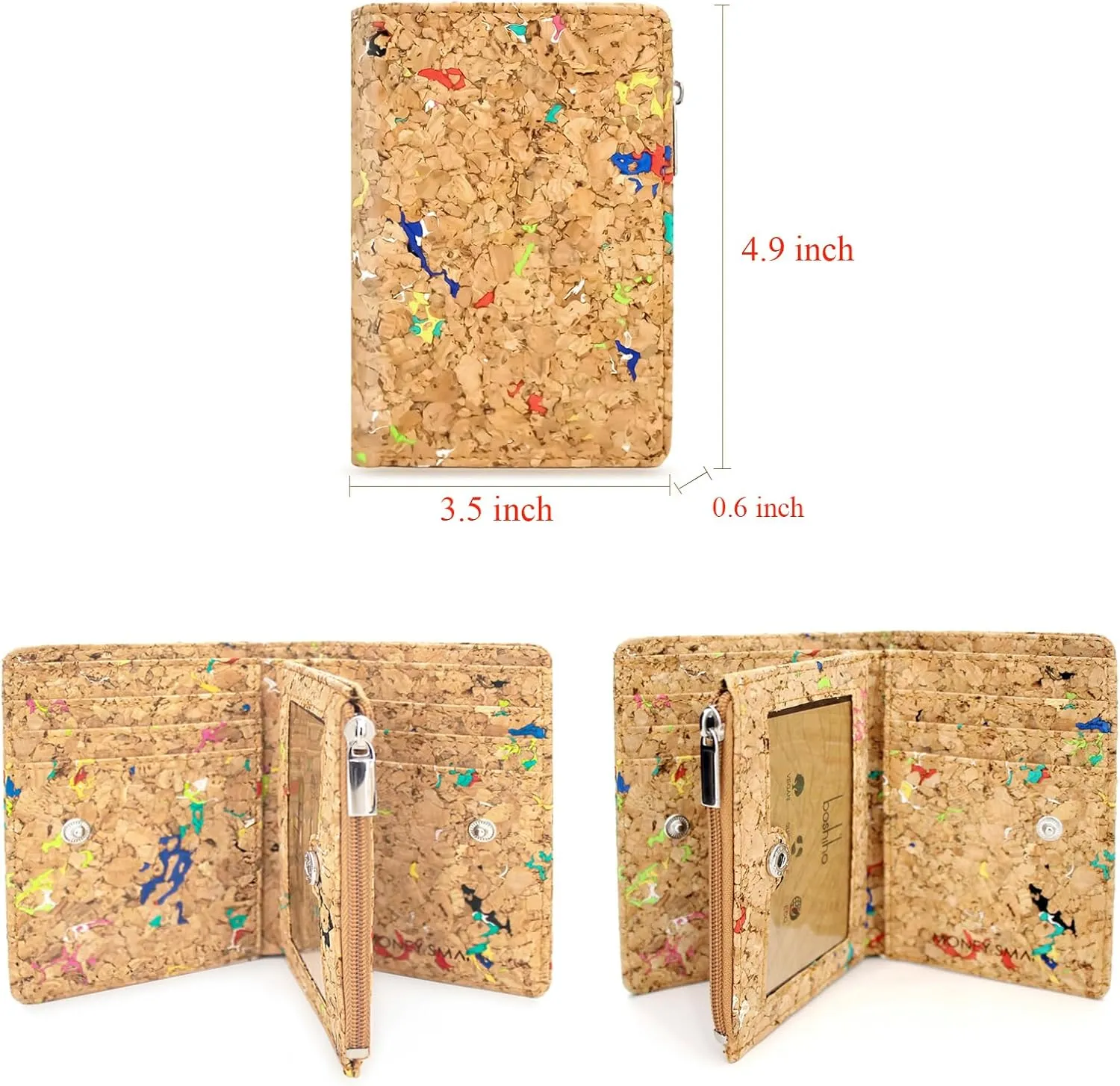 boshiho Eco Cork Friendly RFID Blocking Wallet Bi-fold Card Holder Vertical Wallet With Zippered Coin Purse & ID Window