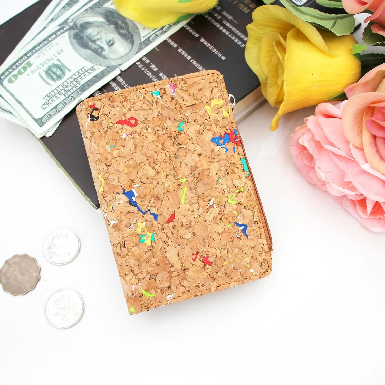 boshiho Eco Cork Friendly RFID Blocking Wallet Bi-fold Card Holder Vertical Wallet With Zippered Coin Purse & ID Window