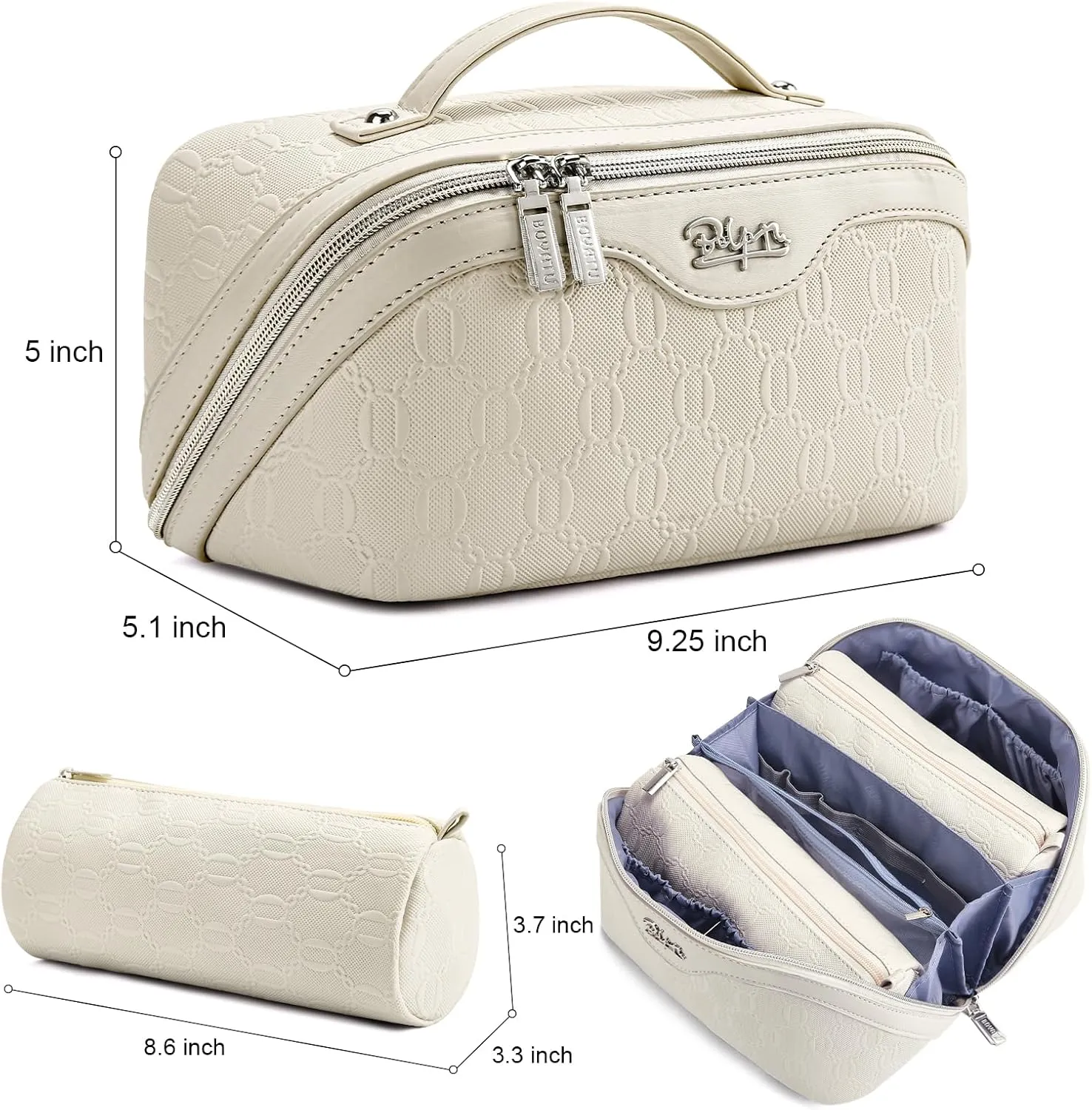 BOYATU Travel Makeup Bag for Women: Cosmetic Organizer Bag with Compartments - Leather Make up Bags Set of 3 (White)