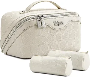 BOYATU Travel Makeup Bag for Women: Cosmetic Organizer Bag with Compartments - Leather Make up Bags Set of 3 (White)